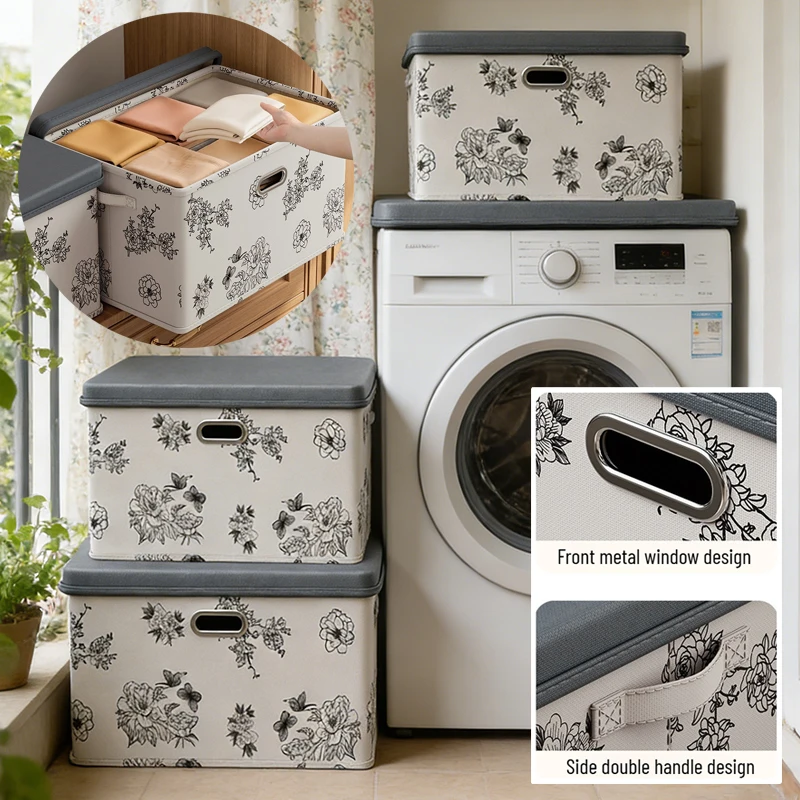 

Foldable Oxford Cloth Storage Box with Lid, Space-Saving Multi-Use Drawer Organizer with Handle for Closet Cabinet Organization