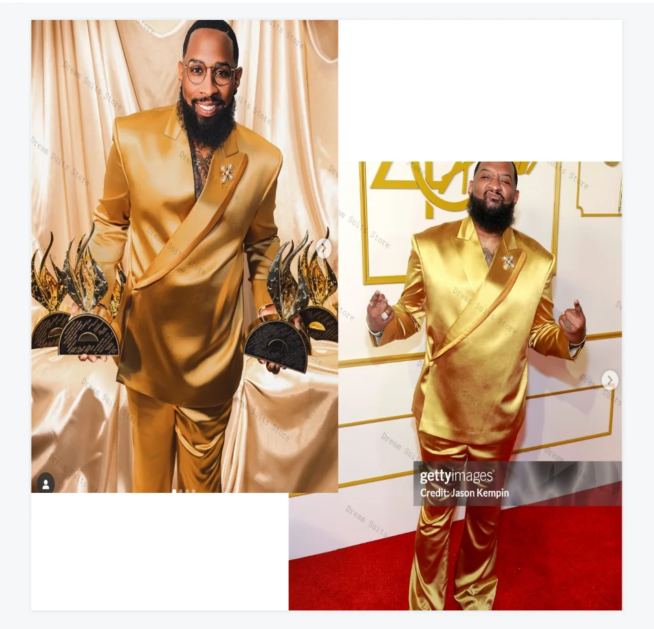 

Golden Satin Men Suit Set 2 Piece Blazer+Pant Trousers Plus Size Customized Formal Office Jacket Groom Wedding Tuxedo Coat