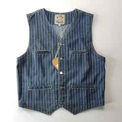 Spring New Japanese Retro Denim Striped Cargo Vest Men's Fashion Pure Cotton Washed Sleeveless V-neck Multi-pocket Casual Coat
