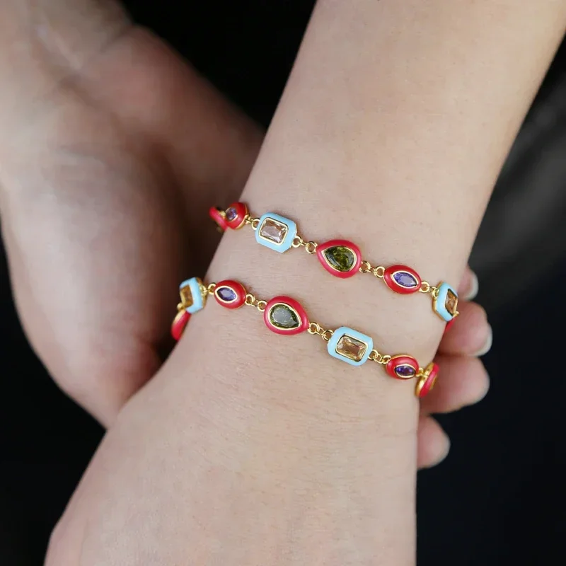 2026 New Rainbow Jewelry Gradient Colorful Enamel Bezel Round Square Eye Rectangle Shape CZ Tennis Chain Bracelet Necklace Sets
