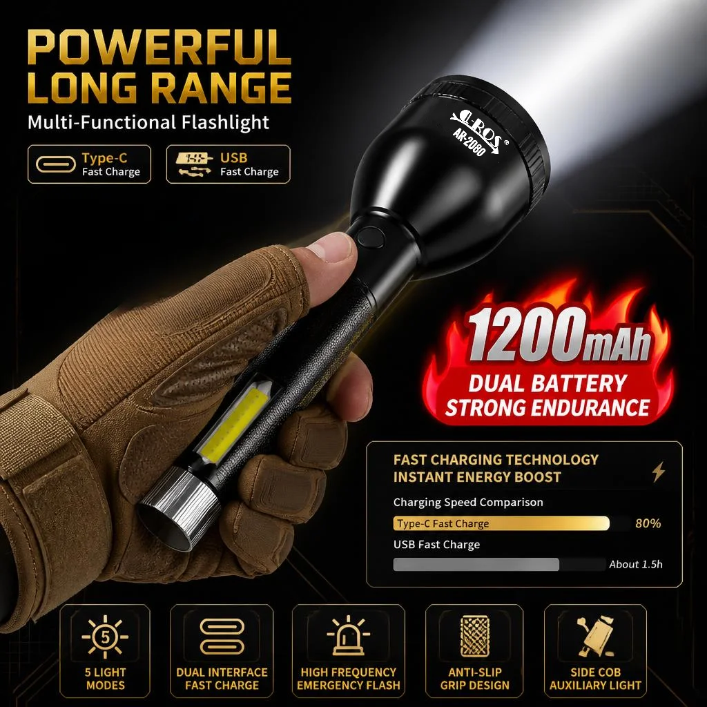 New LED strong light flashlight, rechargeable outdoor hiking and home emergency lighting, safety patrol flash warning flashlight
