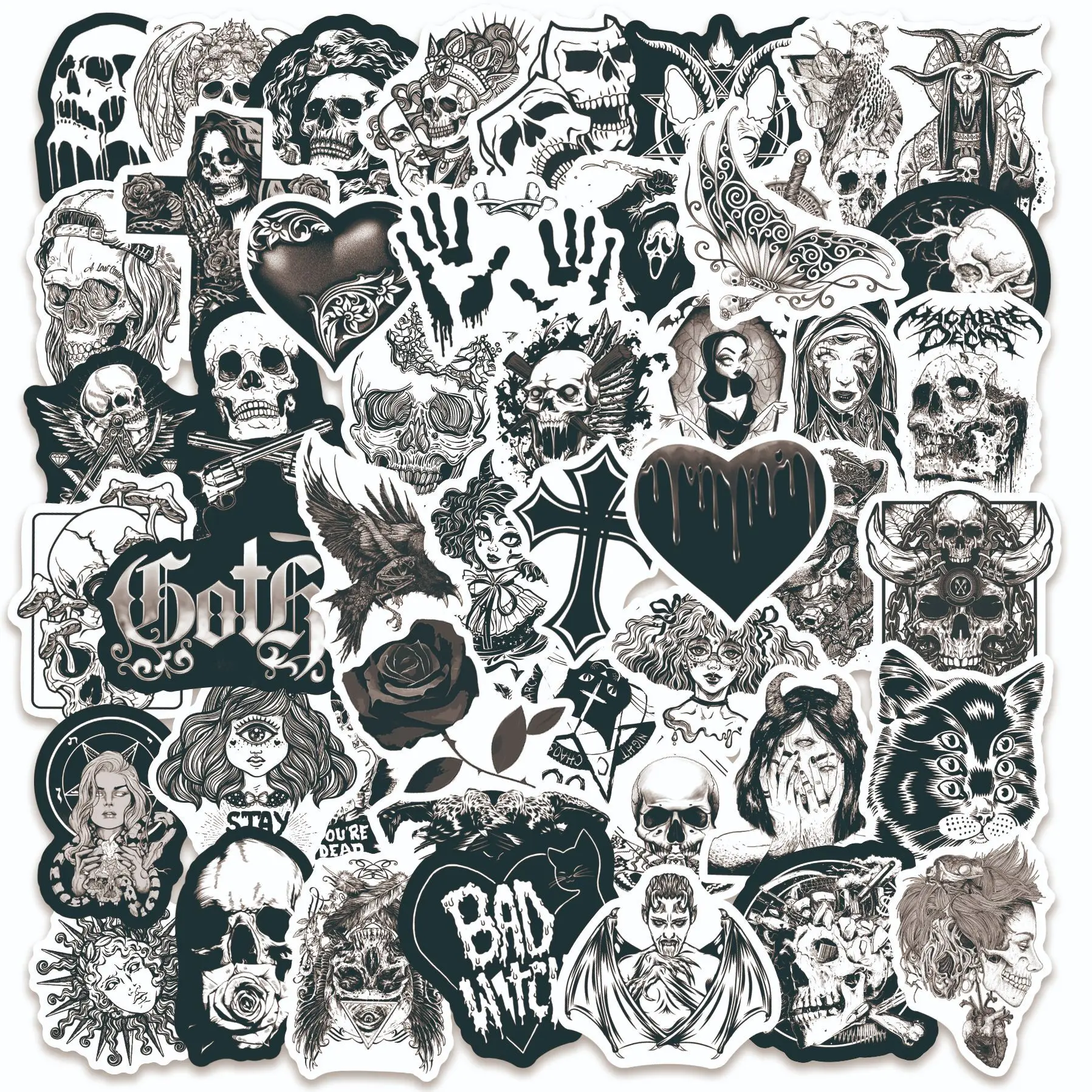 50Pcs Gothic Black and White Horror Series Graffiti Stickers Suitable for Laptop Helmets Desktop Decoration DIY Stickers