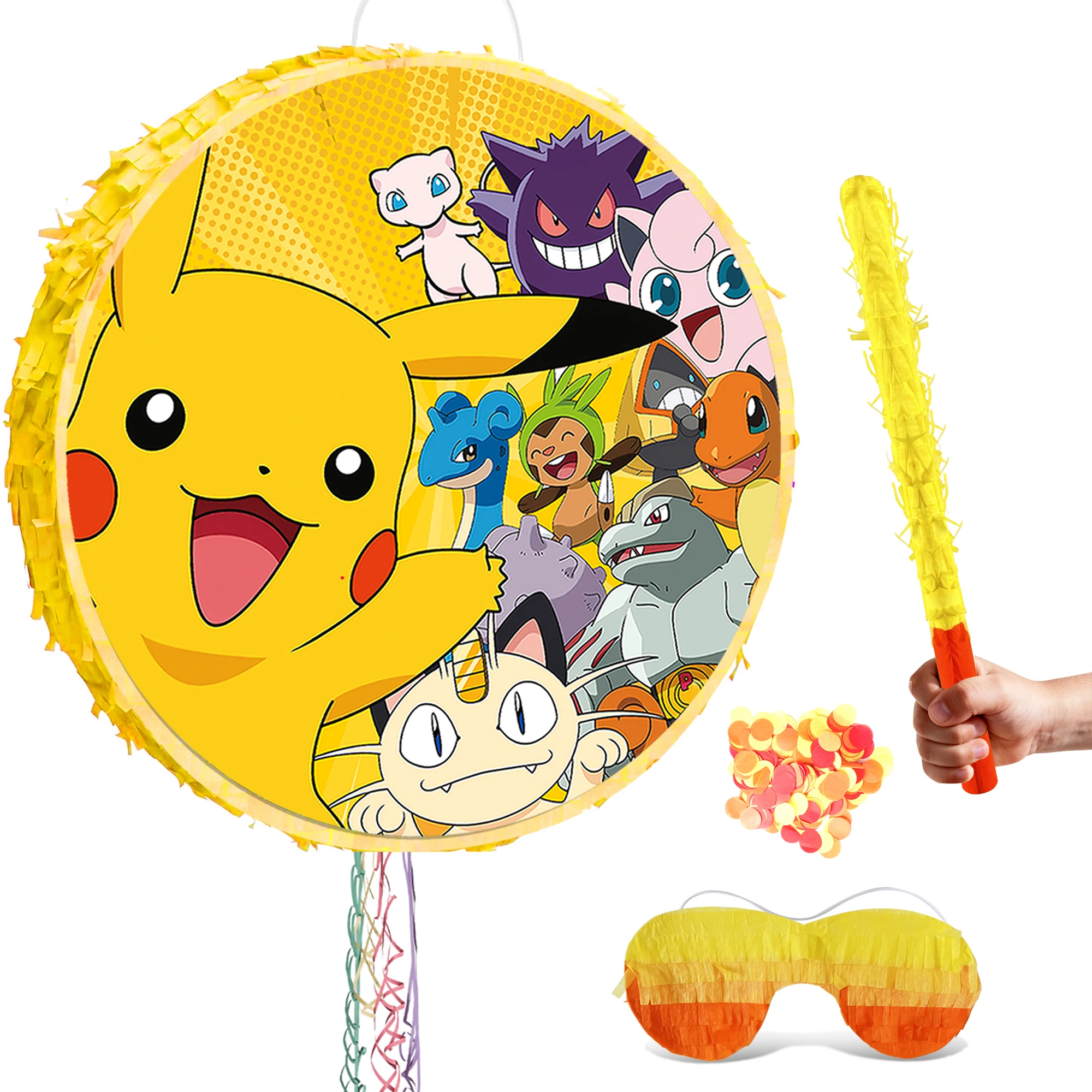 

Pokemon Round Pinata,4 Pcs Pikachu Pinata Set-17.58'' Pokémon Themed Pinata&Eye Mask Pinata Stick etc Pokémon Pinata Supplies