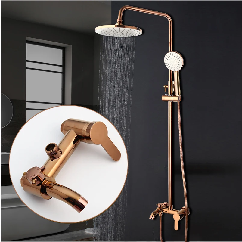 Rose Gold Finish Bathroom Shower Faucet Set Rain Shower Head Bath Shower Mixer With Hand Shower System Set Fashion Ceramic Valve