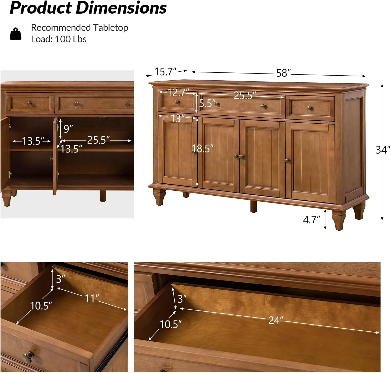 Hulala Home Sideboard Storage Cabinet, Farmhouse Sideboard, Traditional 58'' Sideboard With Storage, Sideboard With Chic