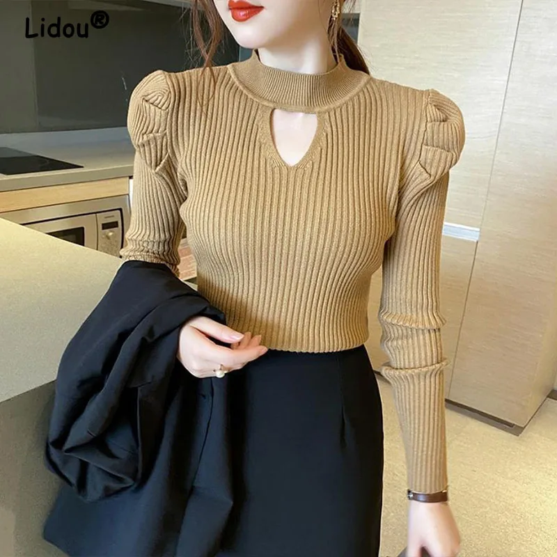 Korean Fashion Half Turtleneck Chic Hollow Knitted Pullovers for Women 2022 New Solid Color Sweater Multicolor Bottoming Blous