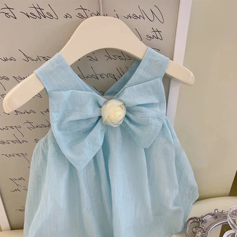 Summer Cotton Bow Solid Color Suspender Baby Girl Dress Korean Version Blue Girl Princess Dress