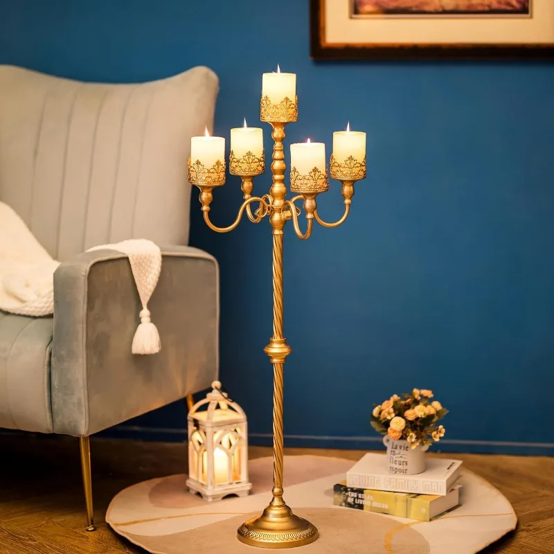European Vintage Floor Standing Wrought Iron Candelabra, Lace Candle Cup, Wedding & Hotel Scented Candle Holder Decor