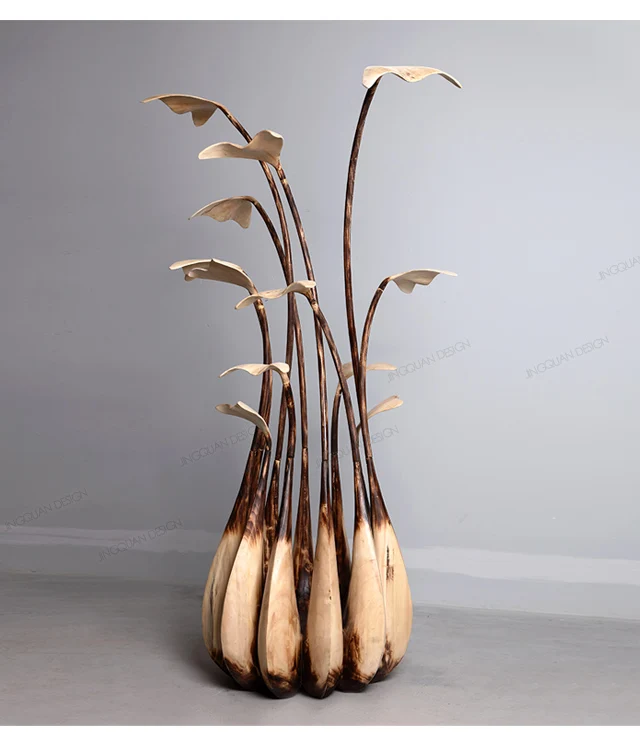 Creative wood carving process floor-to-ceiling ornaments Hotel lobby Meichen decoration large-scale sculpture artworks