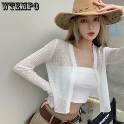 Thin Ice Silk Cardigan White Women Long Sleeve Knit Coat Slim Crop Top Korean Fashion Simple Casual Sunscreen Clothing Wholesale