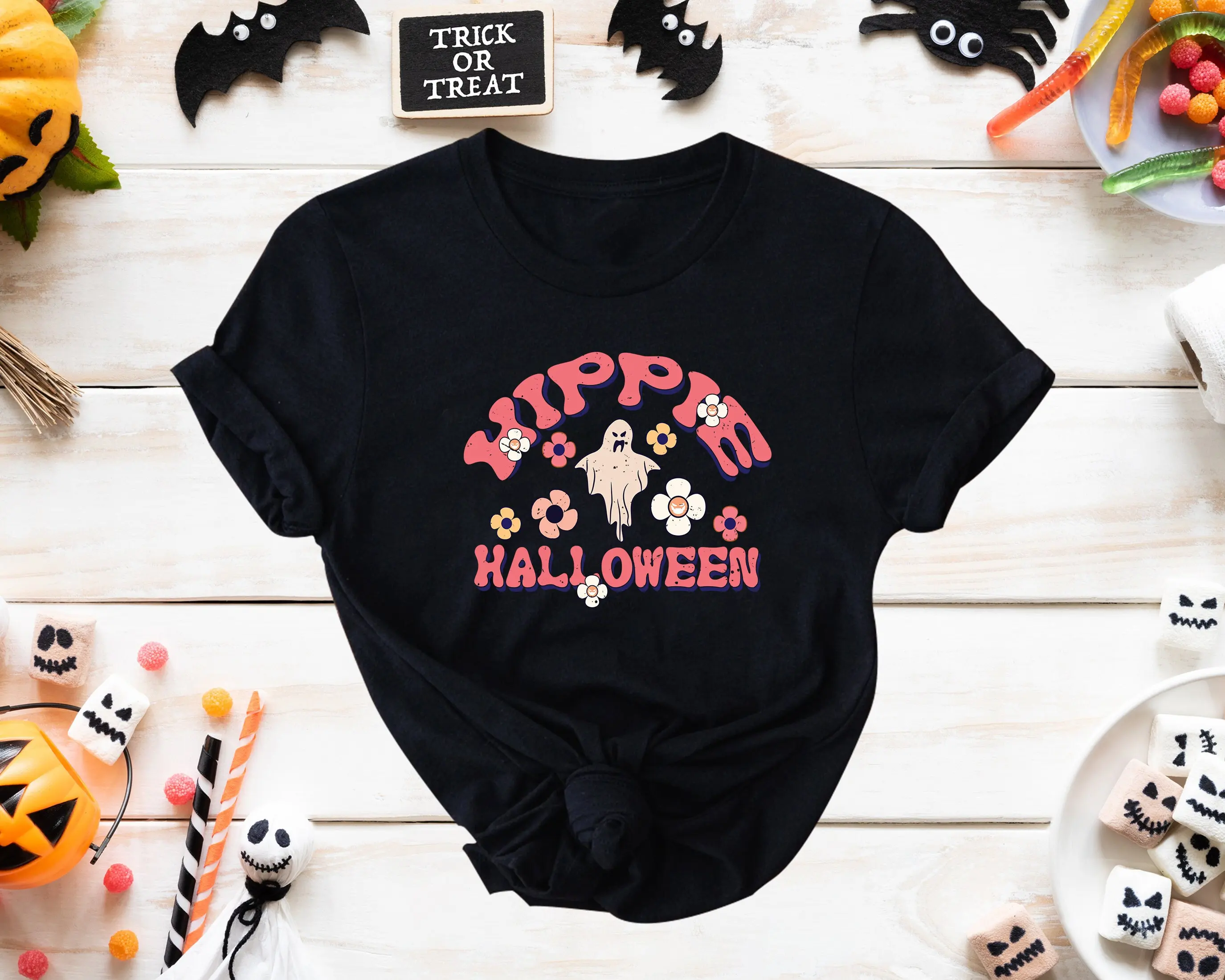 Hippie Halloween T Shirt Boo Ghost Haunt Horror Typography