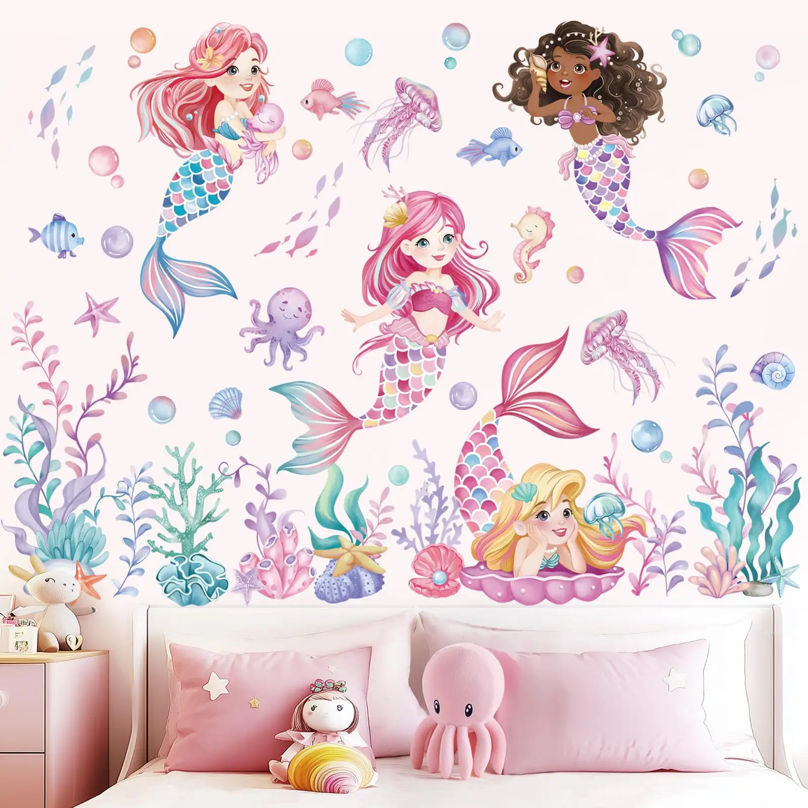 Under The Sea Mermaid Wall Stickers Ocean Themed Seaweed Coral Wall Decals for Bedroom Living Room Home Wall Decor