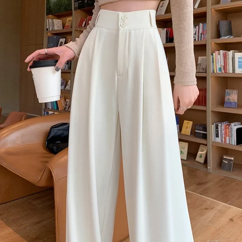 2025 جديد الربيع الصيف زر فضفاض المرأة واسعة الساق كامل طول السراويل عالية الخصر الصلبة الإناث أنيقة مستقيم بناطيل كاجوال