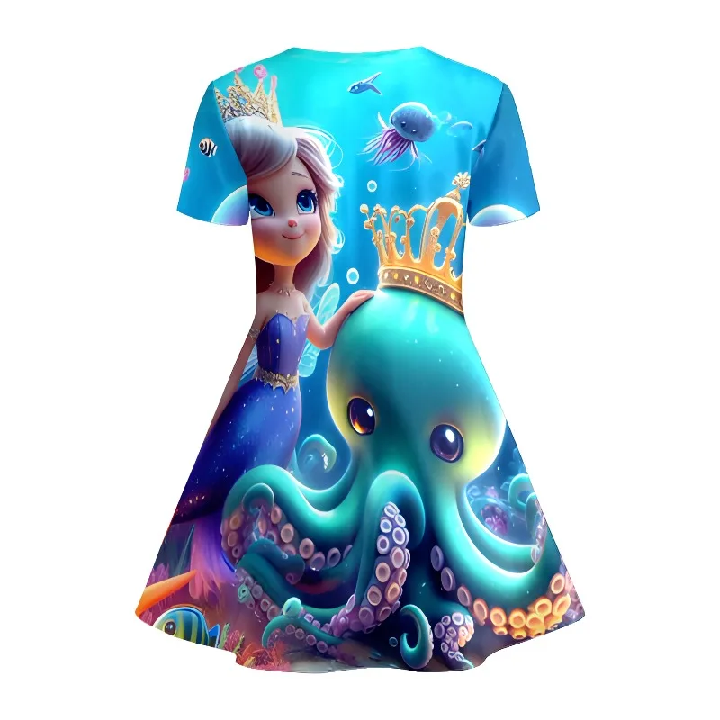 Girl Mermaid and Octopus Printed T-shirt Dress, Underwater World Children's Party Casual Dress Suitable for Birthday Gifts