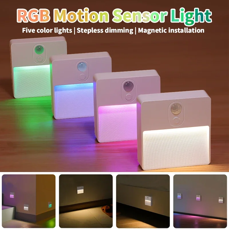 

1-4 Pcs Led Night Light RGB Motion Sensor Smart Lights USB Rechargeable Dimmable Lamp Wireless Lighting for Bedroom Closet Stair