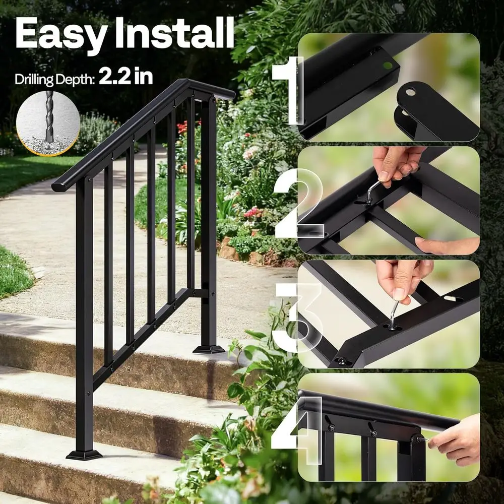 3 Step Galvanized Steel Hand Rails - Black Oval Balusters for Outdoor Steps, Porch, Deck, Indoor Stairs with Kit
