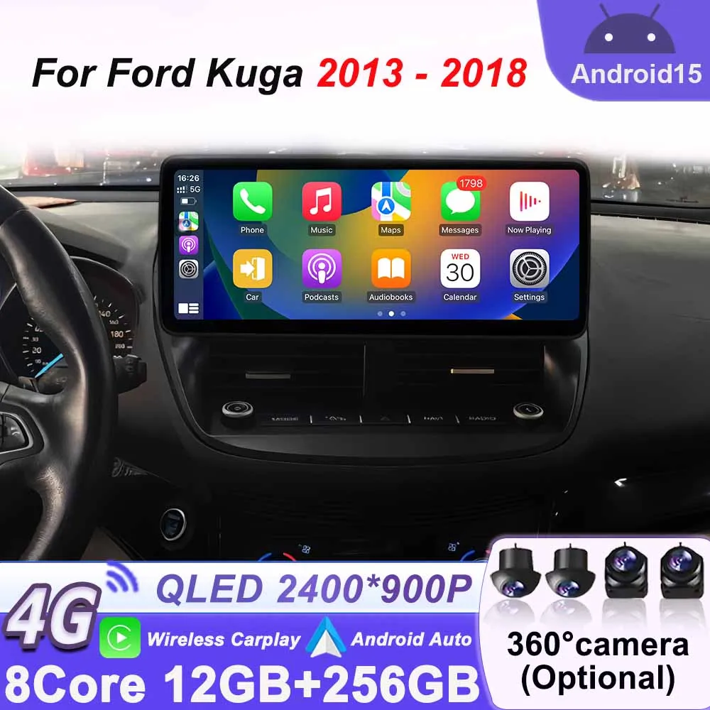 GPS Navigation 12.3Inch Wireless Carplay Auto for Ford Kuga 2013 - 2018 Multimedia Video Player Car Radio Stereo Android 15 WiFi