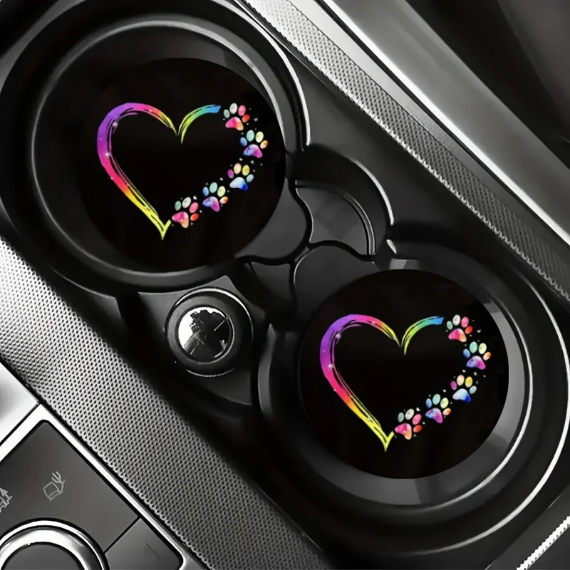2pcs Heart And Paw Print Pattern Car Cup Holders, Decorative Rubber Coasters For Vehicle Interior Additions, Suitable For Variou