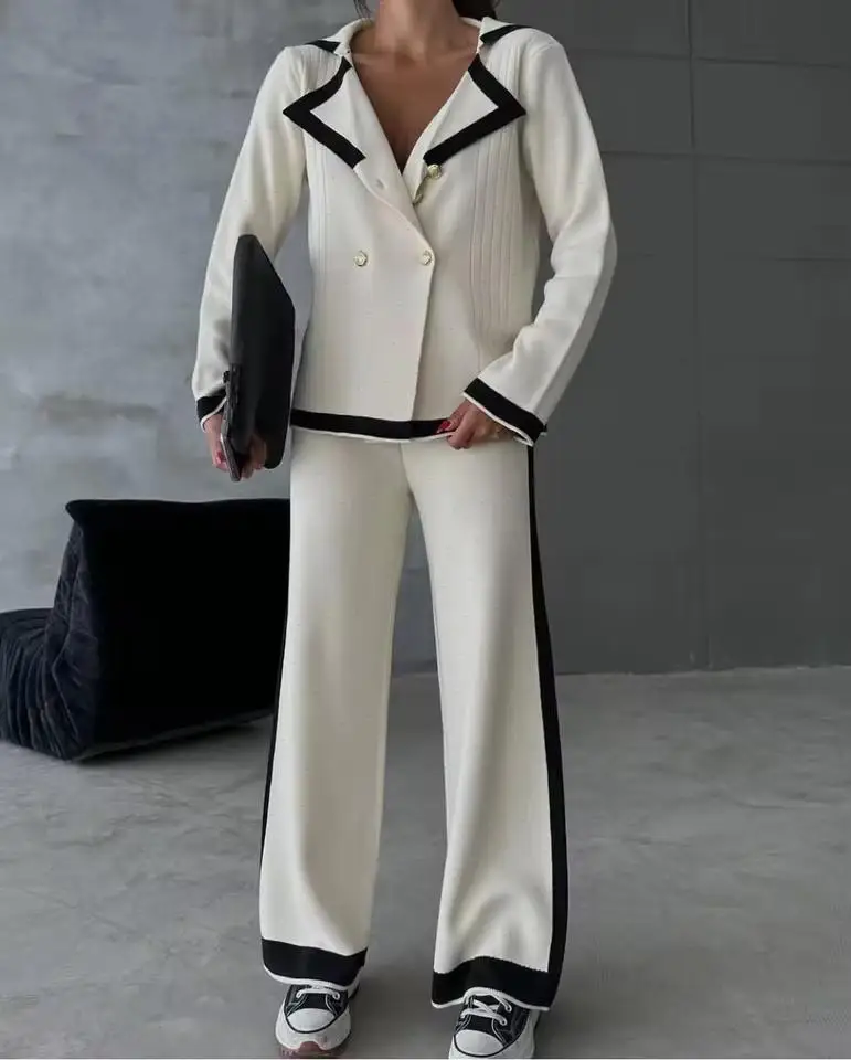 

Women Knit Long Pant Sets Midi Waist Pants Two Piece Suit Turn Down Collar Cardigan Top Button Elegant Patchwork Autumn Winter