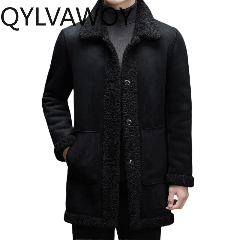 

QYLVAWOY Mens Coat Autumn Winter Coats for Men Clothing Plush Fleece Coat Double Sided Wearable Jackets Mid-length Warm 남자 코트
