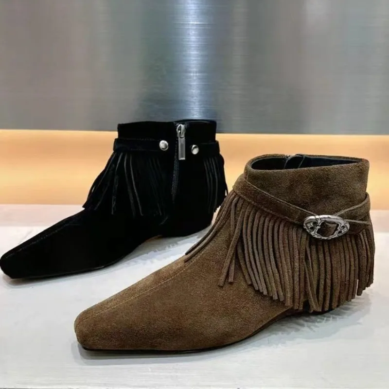 2026 Winter New Style Satin Leather Flowing Fringe Square-Toe Thick-Heeled Fashion Boots Short Boot