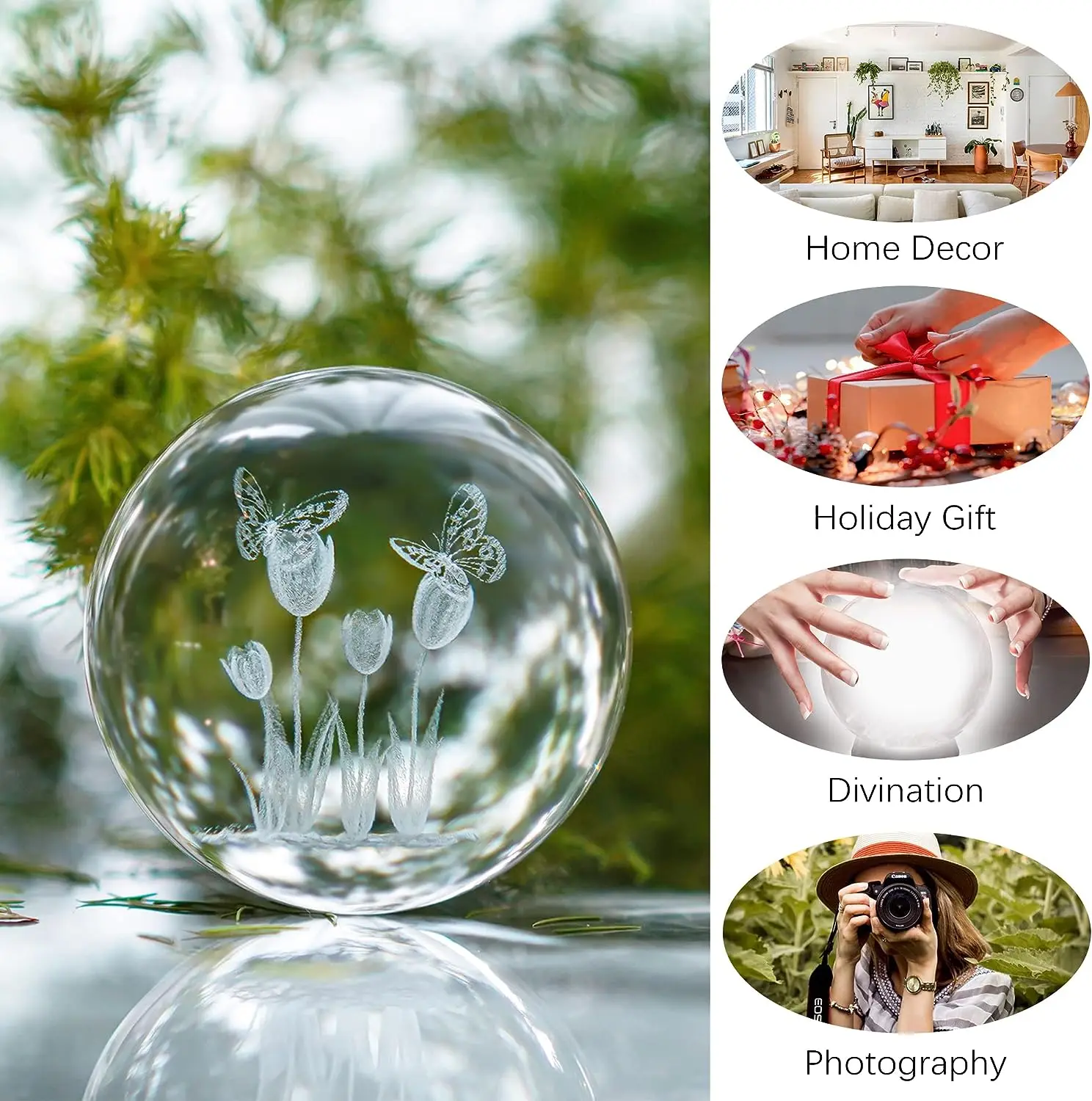 H&D 3D Laser Crystal Tulip Ball with Butterflies Paperweight - 60mm Engraving Decorative Balls Glass Full Sphere Figurine Decor