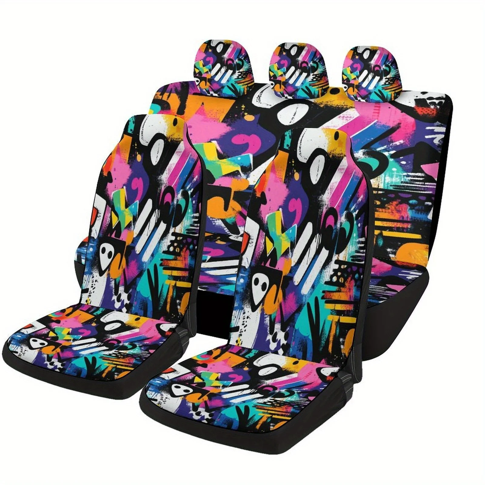 Set Of Car Seat Covers Featuring Graffiti Art, Suitable For Various Vehicles. These High-Quality, Comfortable Protectors Come As