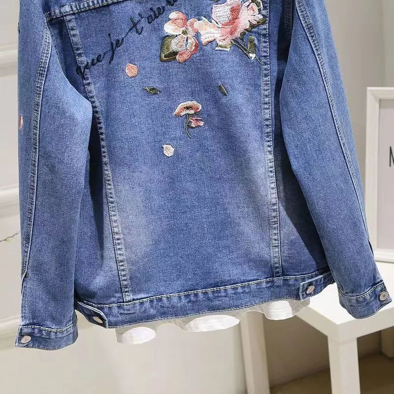 Jaqueta jeans feminina primavera outono novo sabor hong kong casaco de cowboy coreano tamanho grande coringa bordado retro outwear senhoras topo