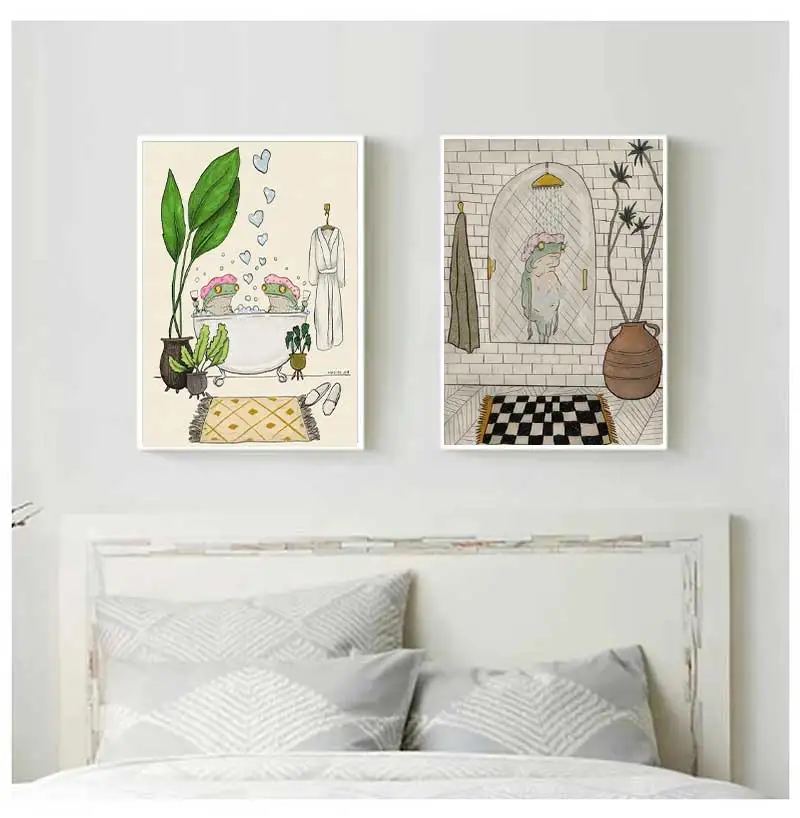 Japanese Style Cartoon Bathing Frog Animals Poster Canvas Wall Art Painting Nordic Picture Living Bathroom Decor