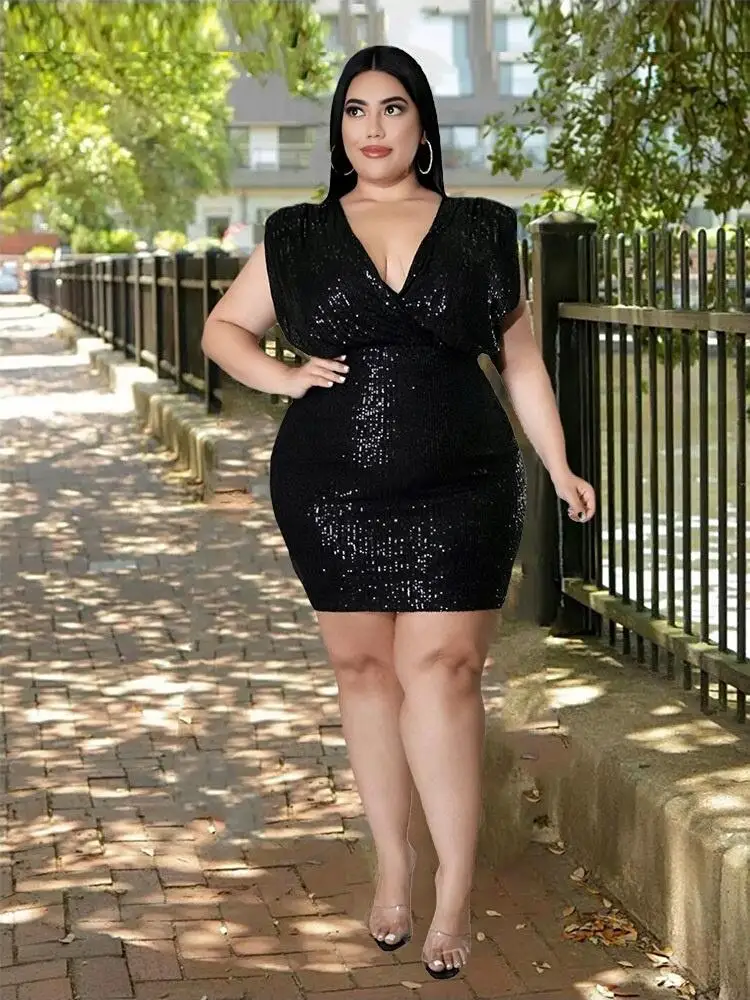 

Dress Plus Size Women Party Club Wear Deep V Ladies Sequin Mini Dress Slinky Sexy Tight Black Dress Wholesale Bulk Dropshipping