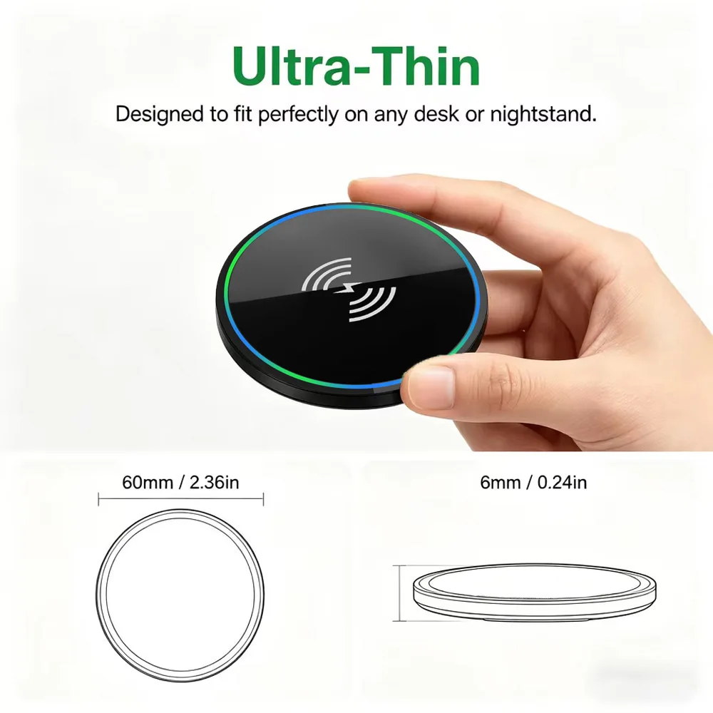 Fast Wireless Charging Pad with Mirror Finish, Universal Charger for iPhone, Samsung and Apple Earbuds
