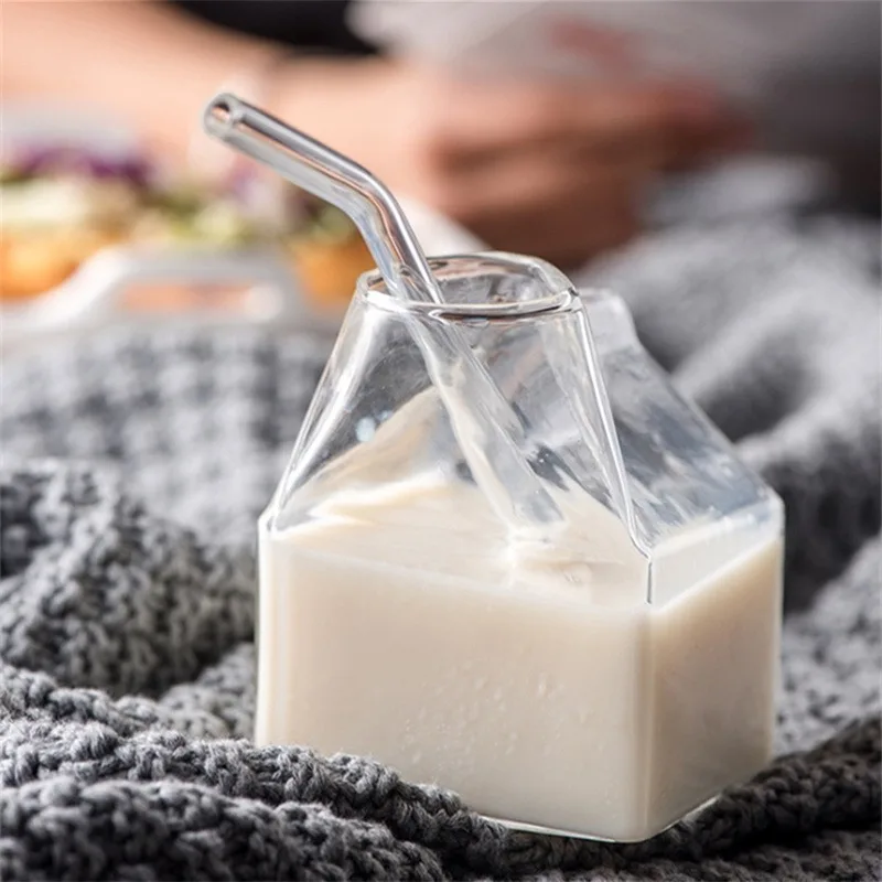 

Creative Milk Box Cup Transparent Milk Box Shape Glass Cups Students Drink Bottle for Juice Cute Coffee Cup Tea Drinkware