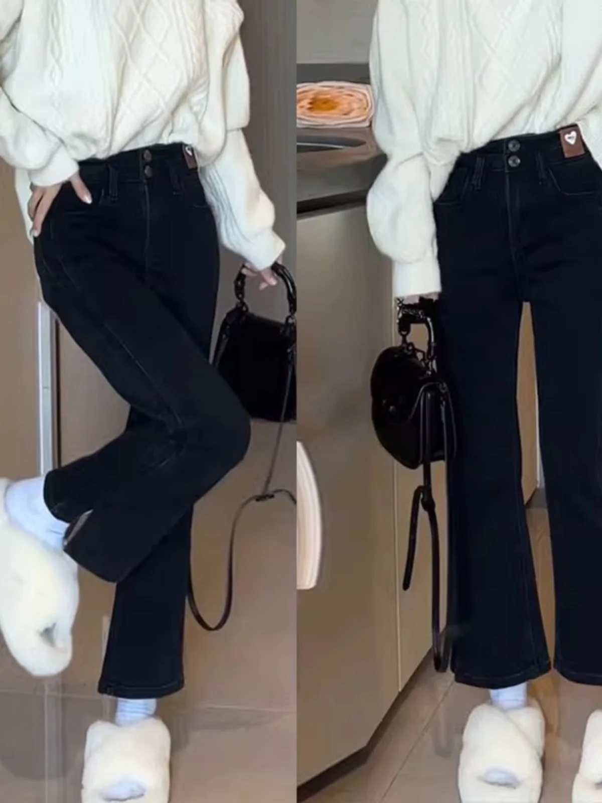 

High Waist Flared Jeans Women's plus Size Bla 9-Piece Slimming Pants Autumn Winter Long Trousers Faionable plus Size