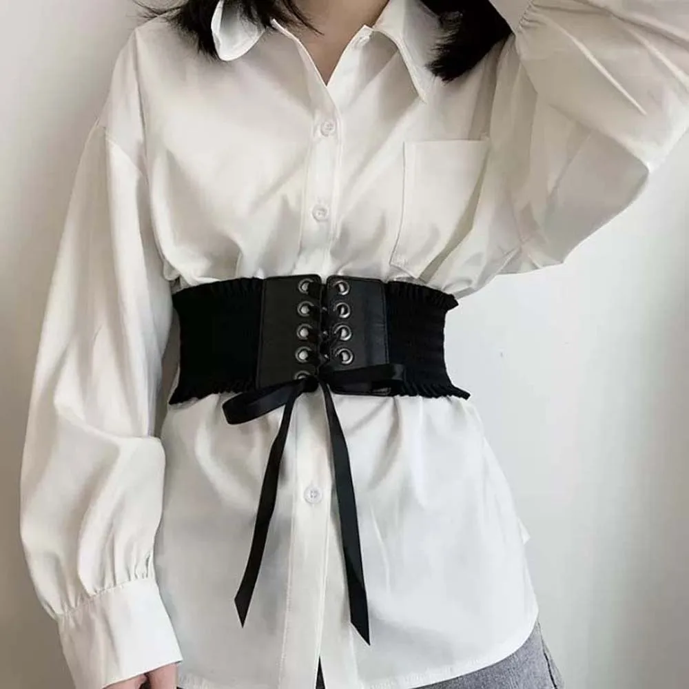 Adjustable Elastic Pleated Cummerbunds Strap Rope PU Wide Corset Waistband Polyester Soft Elastic High Wide Belt Ornament