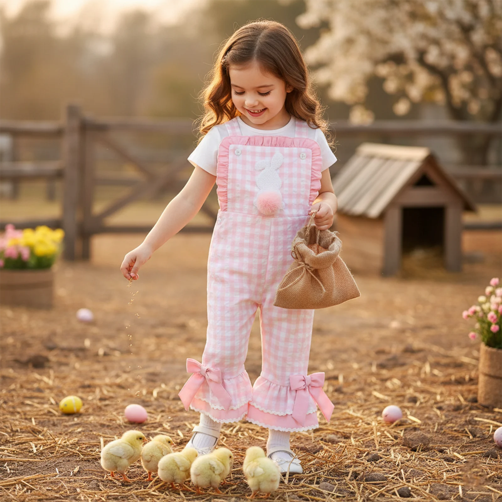 1-5Y Sweet Kids Girls Overalls Cute Plaid Rabbit Bows Flare Pants Easter Jumpsuits Rompers Clothes for Casual Daily