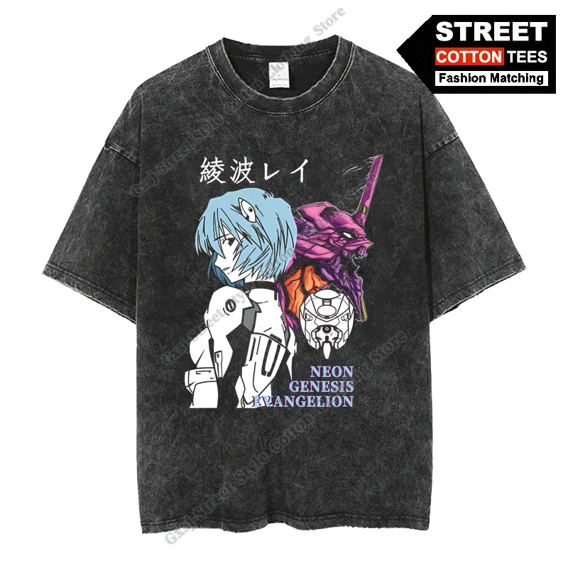 Anime Ayanami Rei EVA01 TEST TYPE T Shirt Y2k Hip Hop Street Casual Unisex Loose T-shirts Cotton Washed Retro Oversized Tees