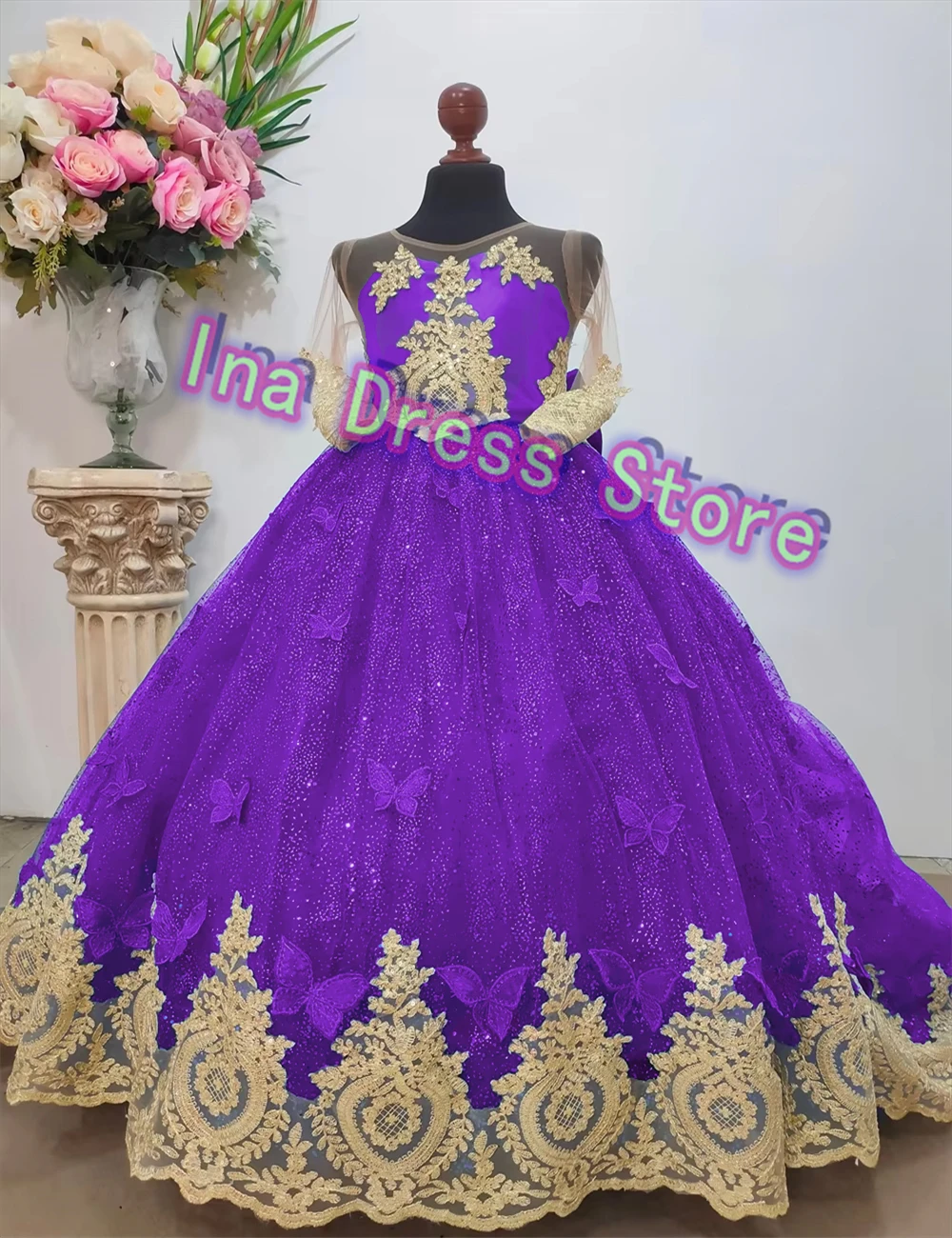 Flor Menina Vestido Elegante Vestidos Erva Daninha Menina Princesa Festa Impressão Luxo Ouro Appliqué Primeira Comunhão Vestidos Personalizados