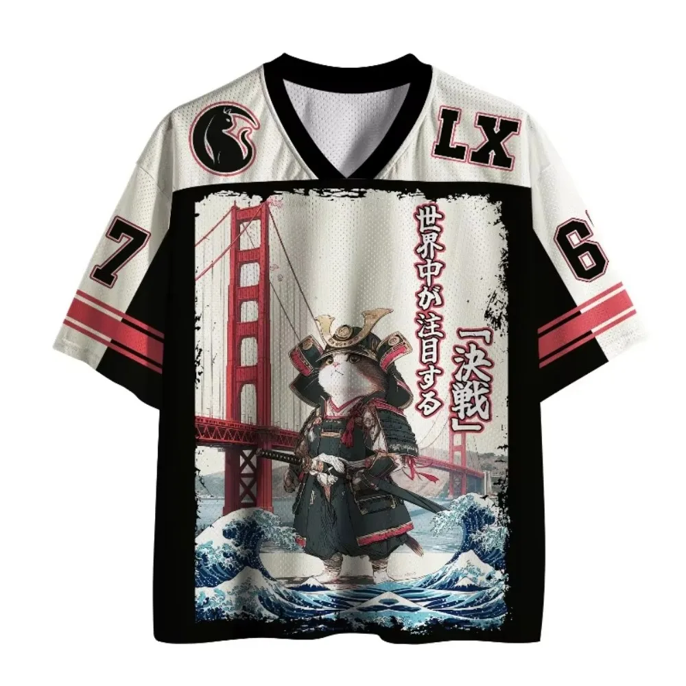 Japanese Samurai Cat Retro Fun 3D Print Men's Women's V-Neck Loose Quick-Dry Breathable T-Shirt Street Trendy Hip-Hop Sporty Top