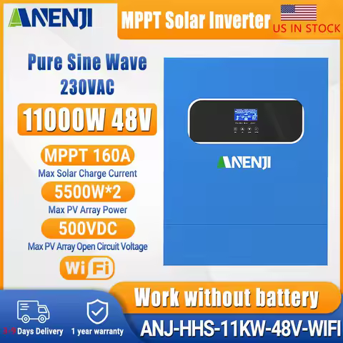 ANENJI 11KW 6.2KW 4.2KW Hybrid Solar Inverter 48V 24V 230V Pure Sine On Grid Inverter On Grid 160A 120A Solar Charger PV 500V