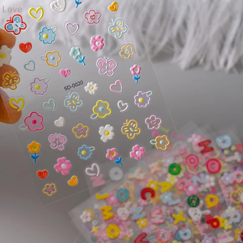 [L&P] الدوبامين الملونة الإغاثة ملصقات الأظافر الكرتون خط زهرة الوردي الحلو نمط لطيف مسمار ملصق مسمار الفن DIY الديكور