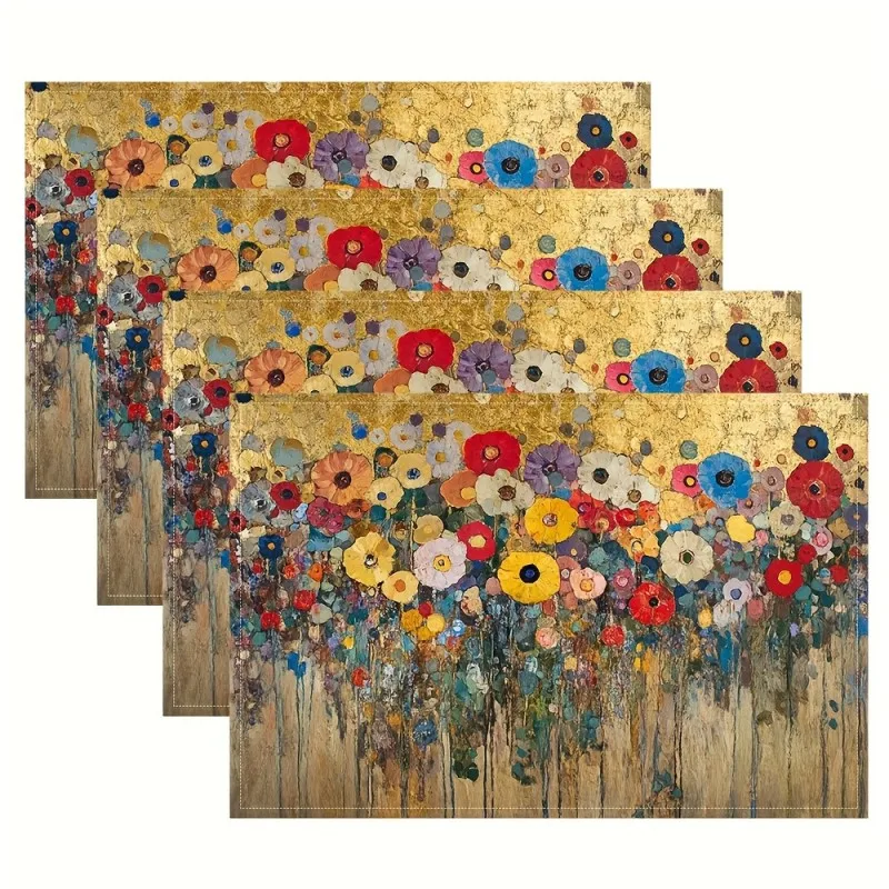 Gold Klimt Poppy Floral Placemats, Table Cover,Heat Insulation Mats for Farmhouse Dinner Table,Open Kitchen Table Decor