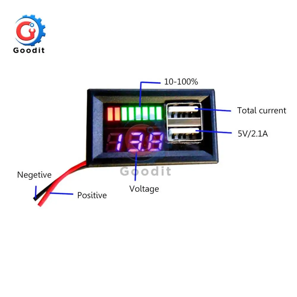 LED DC 12V Dual USB Port Digital Voltmeter 4S Lithium-iron Phosphate Lead Acid Tester for Mobile Phone Adapter USB Output