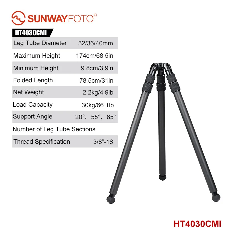 UNWAYFOTO HT4030CMI omgekeerde poten van koolstofvezel zonder middenkolom, 40 mm, 3 secties, 69'' hoog, belastbaar tot 66 lb. (30kg)