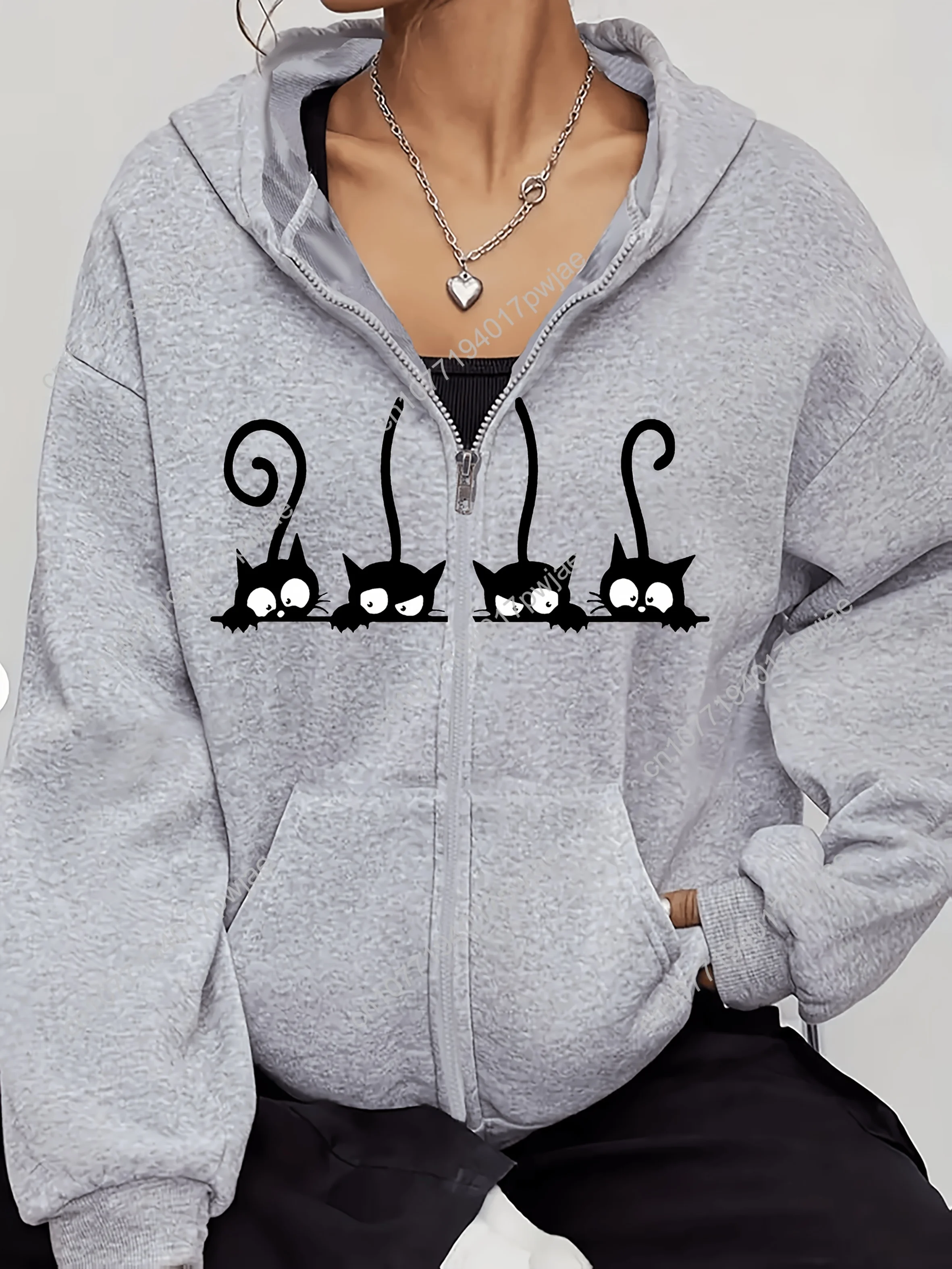 Moletom feminino com estampa de gato preto brincalhão – manga comprida, jaqueta casual com zíper e detalhes de malha canelada, tecido de poliéster elástico, todos
