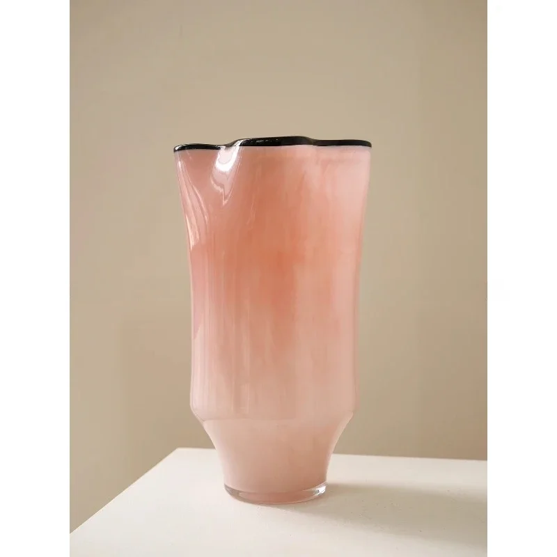 Gentle jade pink black edge wrinkled new Chinese high-grade large-diameter glazed glass vase living room entrance flower arrange