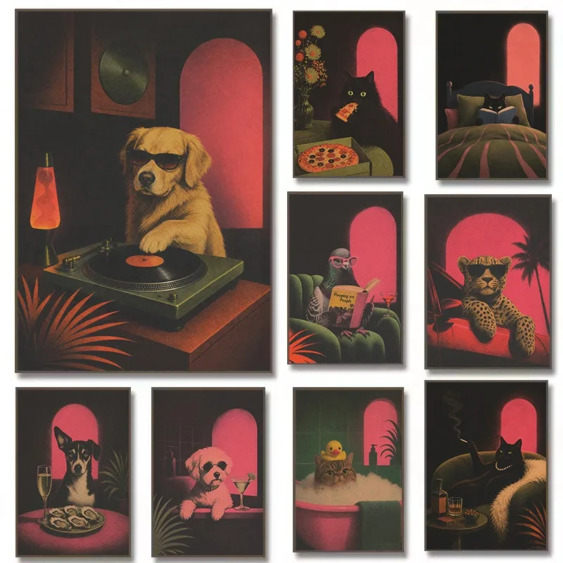 (No frame)Retro Pink Green Glamorous Luxury Animals DJ Dog Black Cat Cocktail Leopard Poster Canvas Painting Wall Pictures Ho