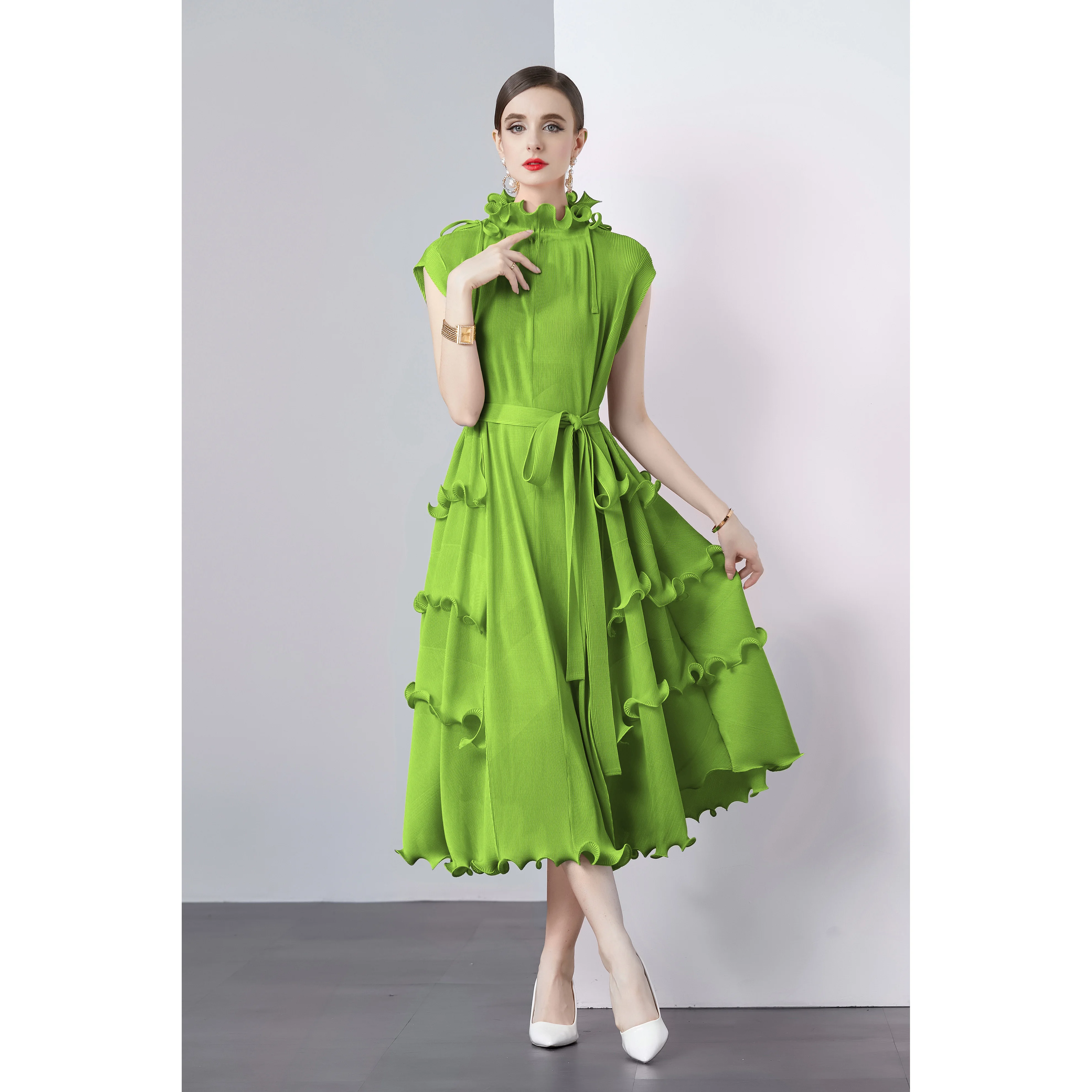 New Miyake Sleeveless Ruffles Loose Long Dress Women high-quality Elatic Waist Fashion Ladies Slim Summer Evening Robe Dresses