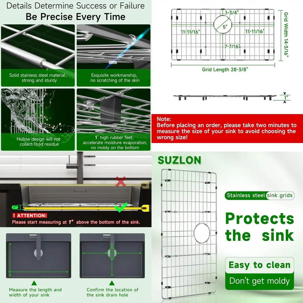 

Защитная решетка для кухонной мойки, нержавеющая сталь, 28.375 x 14.1875, задний сливной отверстие, съемная решетка