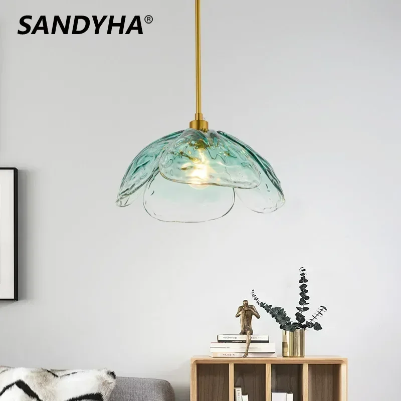 SANDYHA Modern Petal Pendant Lamp Four-leaf Clover Glass Led Lights for Bedroom Bedside Study Dining Room Chandelier Home Decor