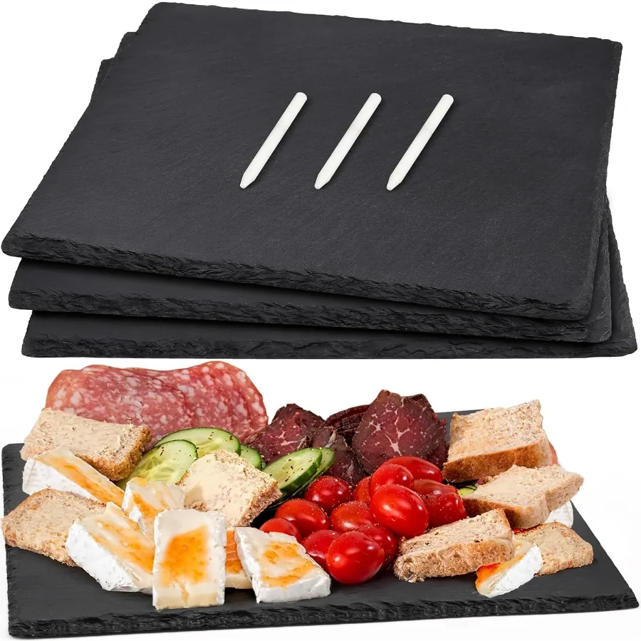 

12 x 10 In 4 Pack Slate Cheese Boards Black Stone Plates for Charcuterie Gourmet Serving Tray Ideal for Sushi Party Wedding Fru